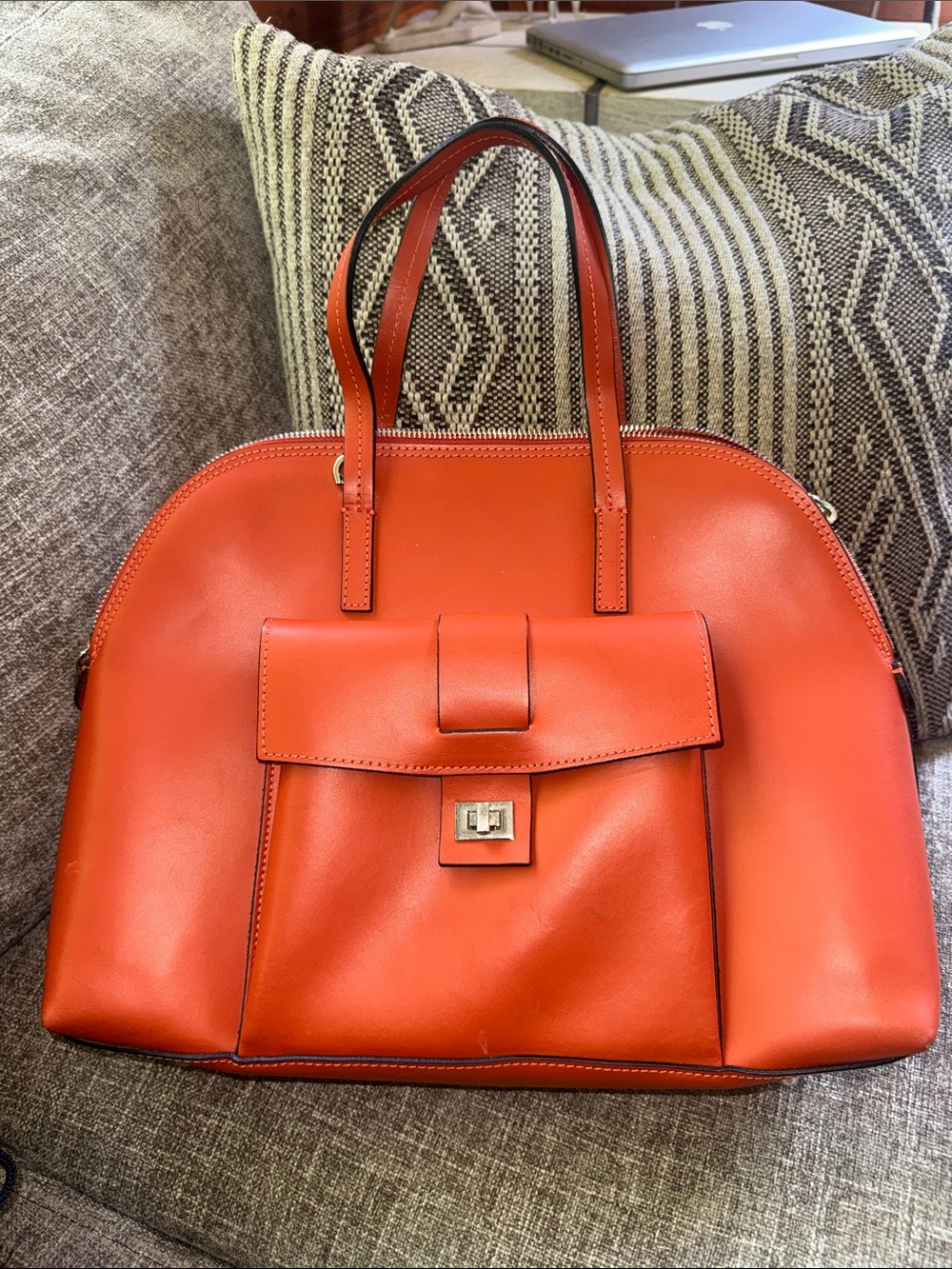 Structured Leather Tote in Vibrant Rust Orange